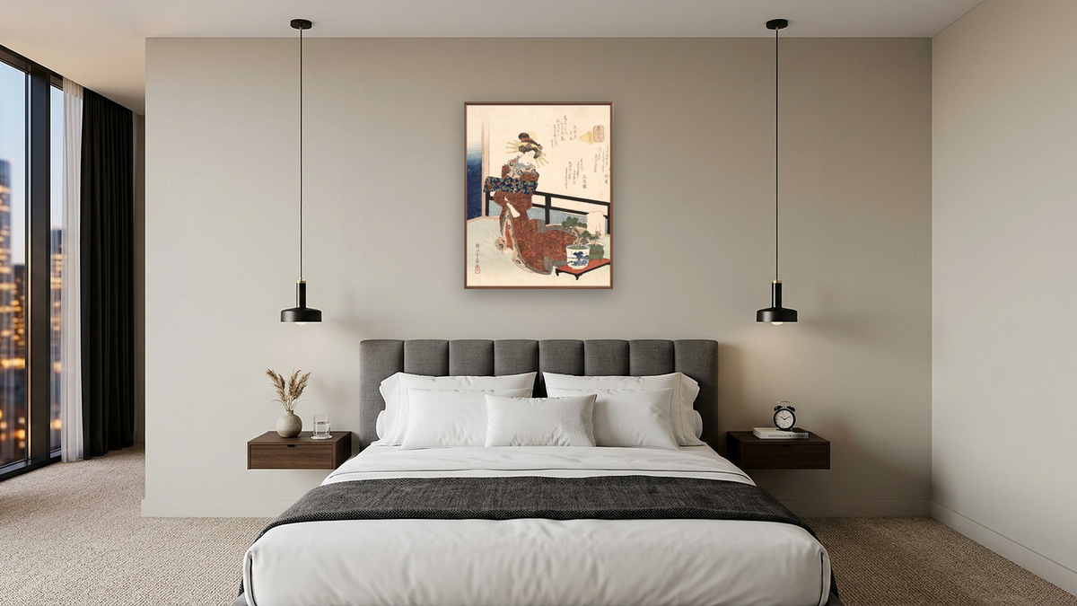 Miyako no hana 'Flower of the capital' by Yanagawa Shigenobu II, shown at 32 × 40 in (81.3 × 101.6 cm) on canvas in Arber Warm Walnut, hotel guest room