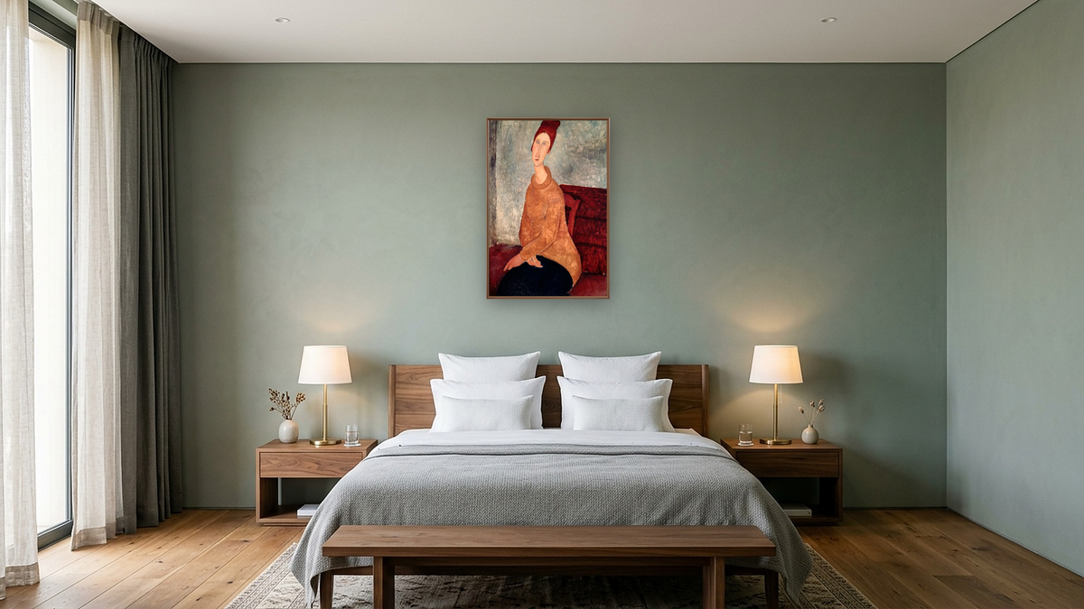 Jeanne Hebuterne in a Yellow Jumper by Amedeo Modigliani, shown at 28 × 42 in (71.1 × 106.7 cm) on canvas in Arber Warm Walnut, hotel guest room