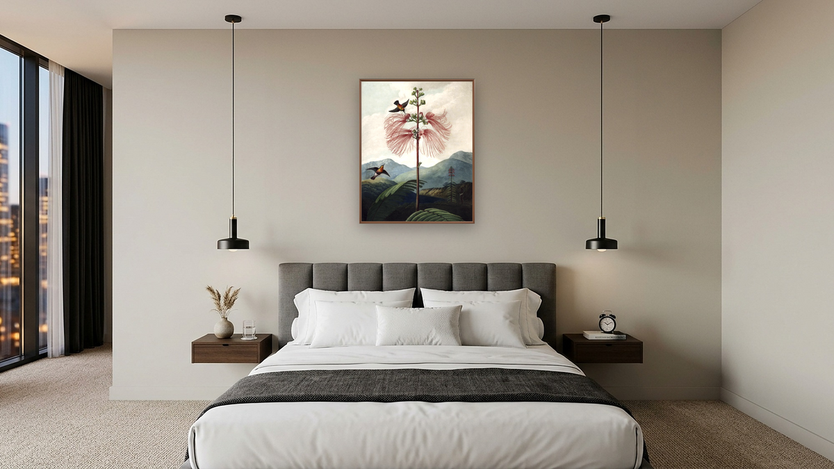 Large Flowering Sensitive Plant by Robert John Thornton, shown at 32 × 40 in (81.3 × 101.6 cm) on canvas in Arber Warm Walnut, hotel guest room