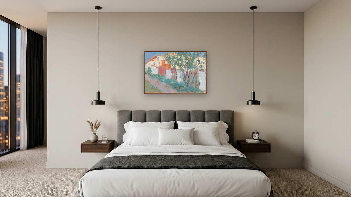 Summer (or House and Garden) by Kazimir Malevich, shown at 28 × 42 in (71.1 × 106.7 cm) on canvas in Arber Warm Walnut, hotel guest room
