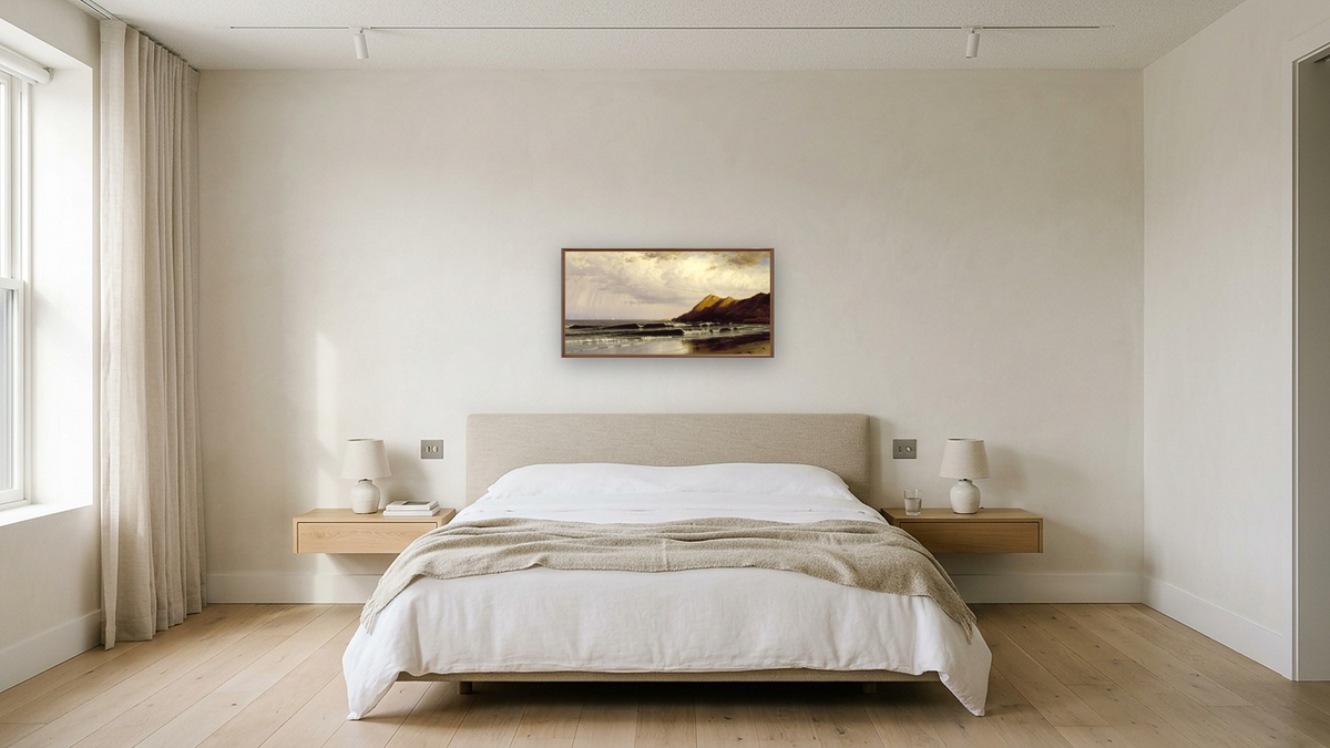 Time and Tide by Alfred Thompson Bricher, shown at 20 × 40 in (50.8 × 101.6 cm) on canvas in Arber Warm Walnut, hotel guest room