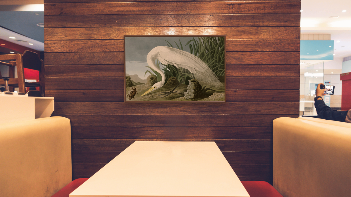 White Heron by John James Audubon, shown at 28 × 42 in (71.1 × 106.7 cm) on canvas in Arber Warm Walnut, restaurant
