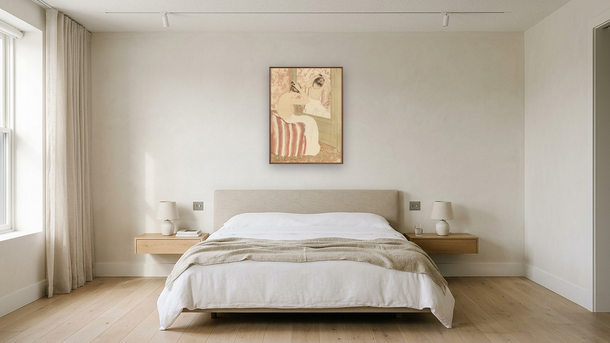 The Coiffure by Mary Cassatt, shown at 30 × 40 in (76.2 × 101.6 cm) on canvas in Arber Warm Walnut, hotel guest room