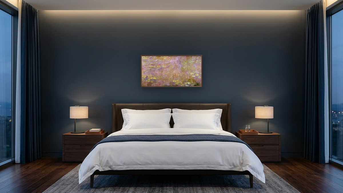 Waterlilies by Claude Monet, shown at 20 × 40 in (50.8 × 101.6 cm) on canvas in Arber Warm Walnut, hotel guest room