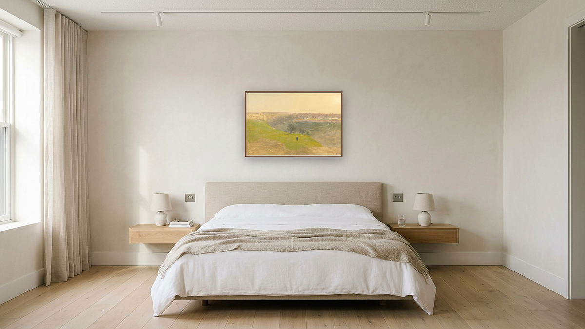 Jerusalem from the Mount of Olives by Frederic Edwin Church, shown at 28 × 42 in (71.1 × 106.7 cm) on canvas in Arber Warm Walnut, hotel guest room