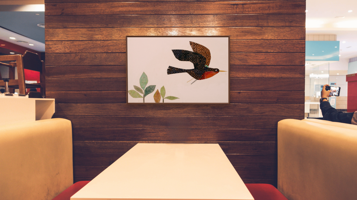 Inch by Inch IV by Leo Lionni, shown at 28 × 42 in (71.1 × 106.7 cm) on canvas in Arber Warm Walnut, restaurant