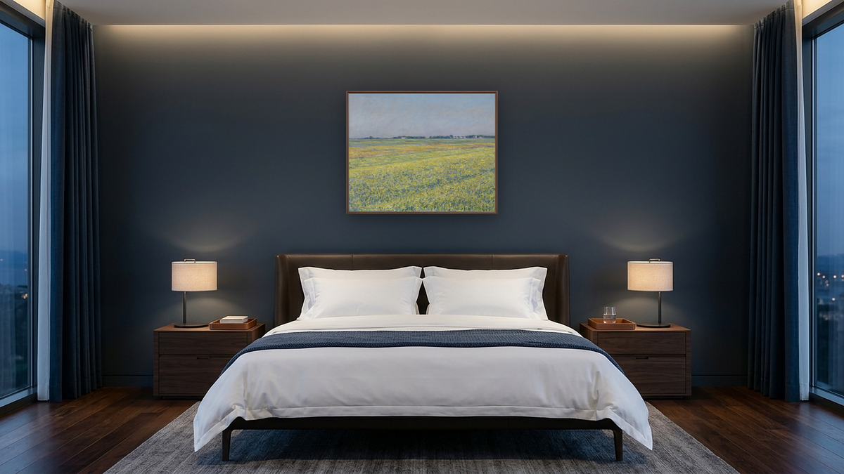The plain of Gennevilliers, yellow fields by Gustave Caillebotte, shown at 32 × 40 in (81.3 × 101.6 cm) on canvas in Arber Warm Walnut, hotel guest room