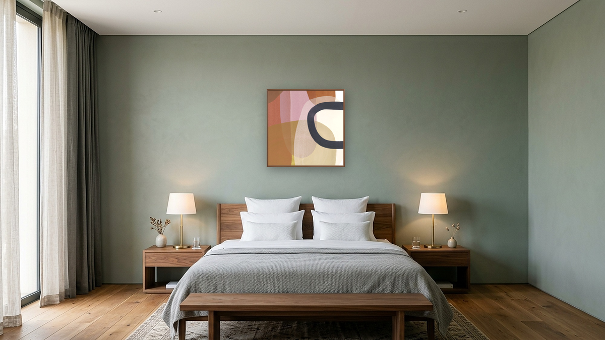 Slice of Summer 12 by Jenny Phillips, shown at 32 × 32 in (81.3 × 81.3 cm) on canvas in Arber Warm Walnut, hotel guest room