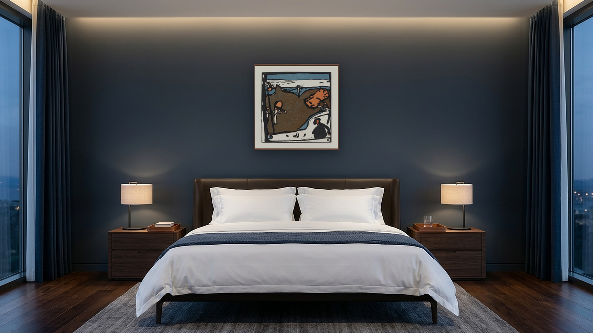 Landschaft mit Figuren und Kruzifix (Landscape with Figures and Crucifix), from Klänge (Sounds) by Wassily Kandinsky, shown at 32 × 32 in (81.3 × 81.3 cm) on canvas in Arber Warm Walnut, hotel guest room