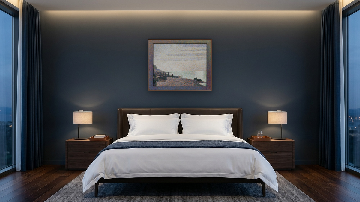 Evening, Honfleur by Georges Seurat, shown at 32 × 40 in (81.3 × 101.6 cm) on canvas in Arber Warm Walnut, hotel guest room