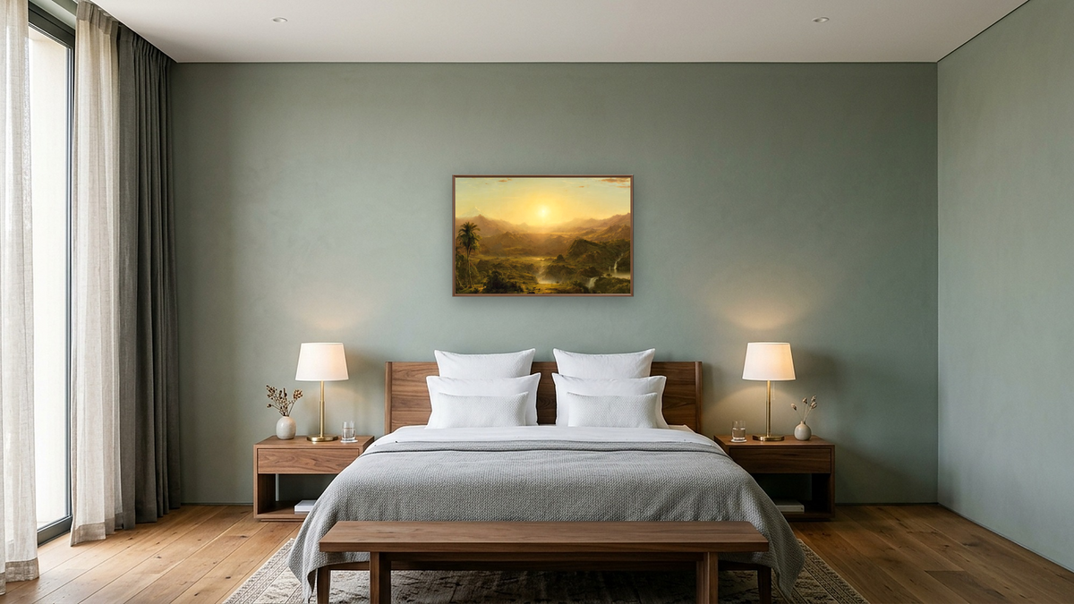 The Andes of Ecuador by Frederic Edwin Church, shown at 28 × 42 in (71.1 × 106.7 cm) on canvas in Arber Warm Walnut, hotel guest room