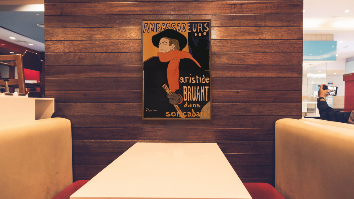 french posters, shown at 28 × 42 in (71.1 × 106.7 cm) on canvas in Arber Warm Walnut, restaurant