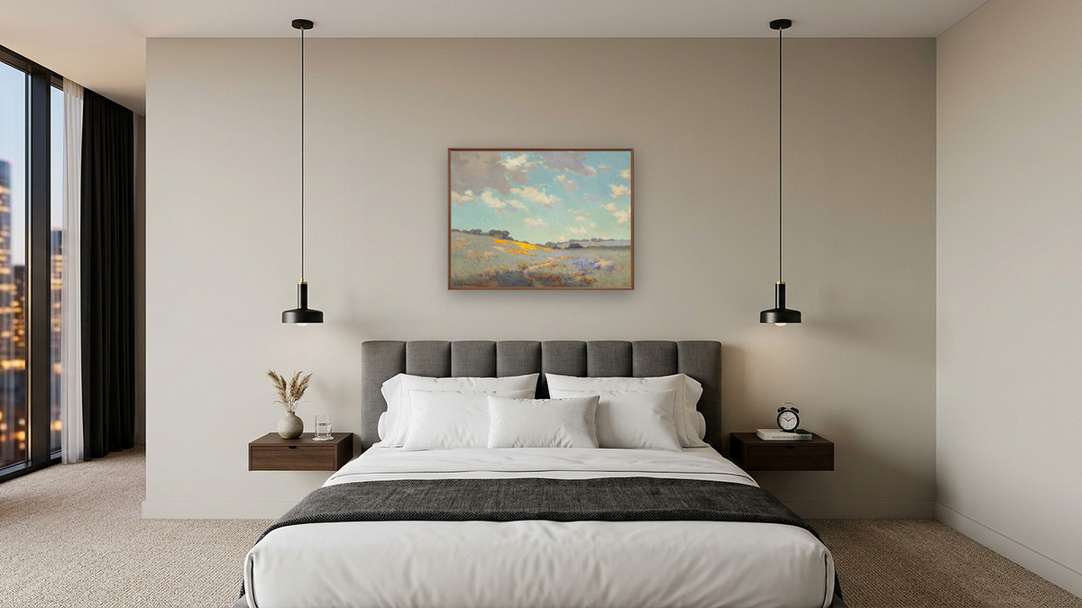 Patch of Poppies by Granville Seymour Redmond, shown at 30 × 40 in (76.2 × 101.6 cm) on canvas in Arber Warm Walnut, hotel guest room