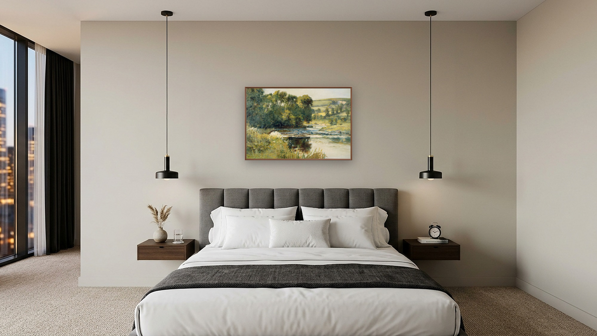 Streamside by Edward Mitchell Bannister, shown at 28 × 42 in (71.1 × 106.7 cm) on canvas in Arber Warm Walnut, hotel guest room