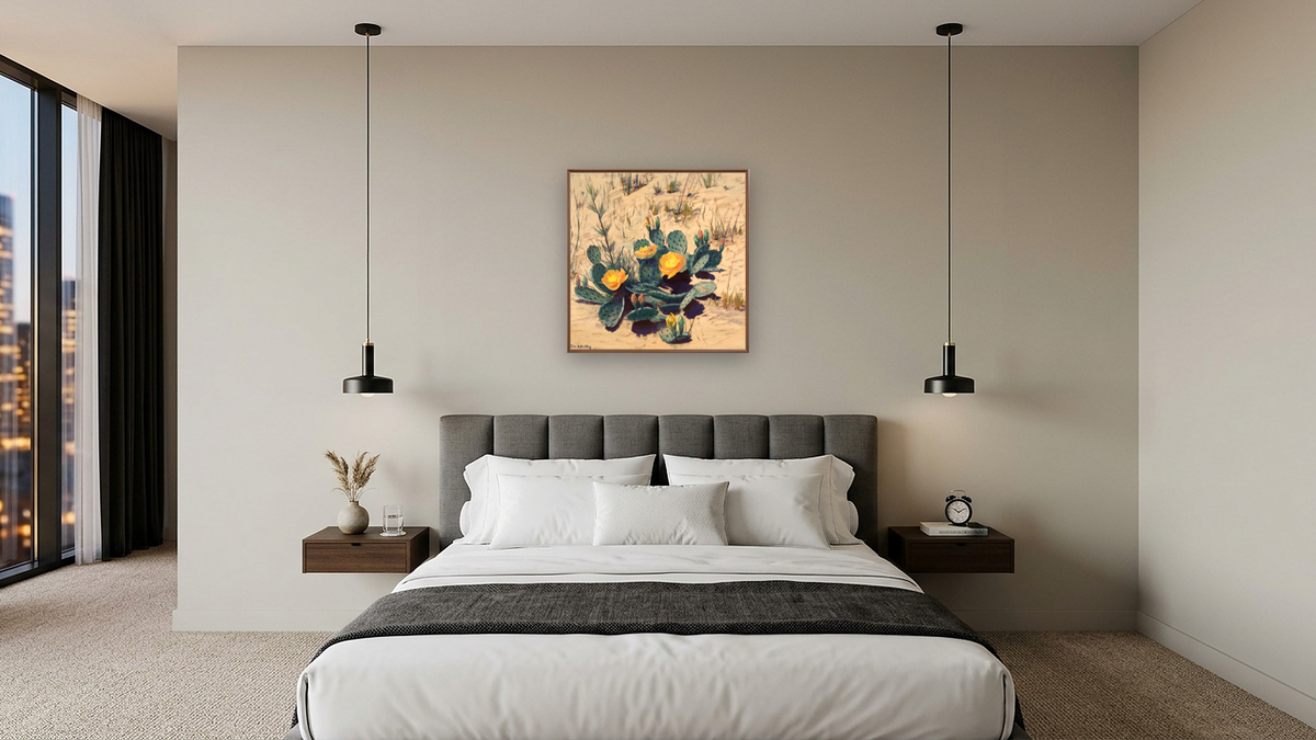 Strangers from Far Away (Cactus) by Frank V. Dudley, shown at 32 × 32 in (81.3 × 81.3 cm) on canvas in Arber Warm Walnut, hotel guest room