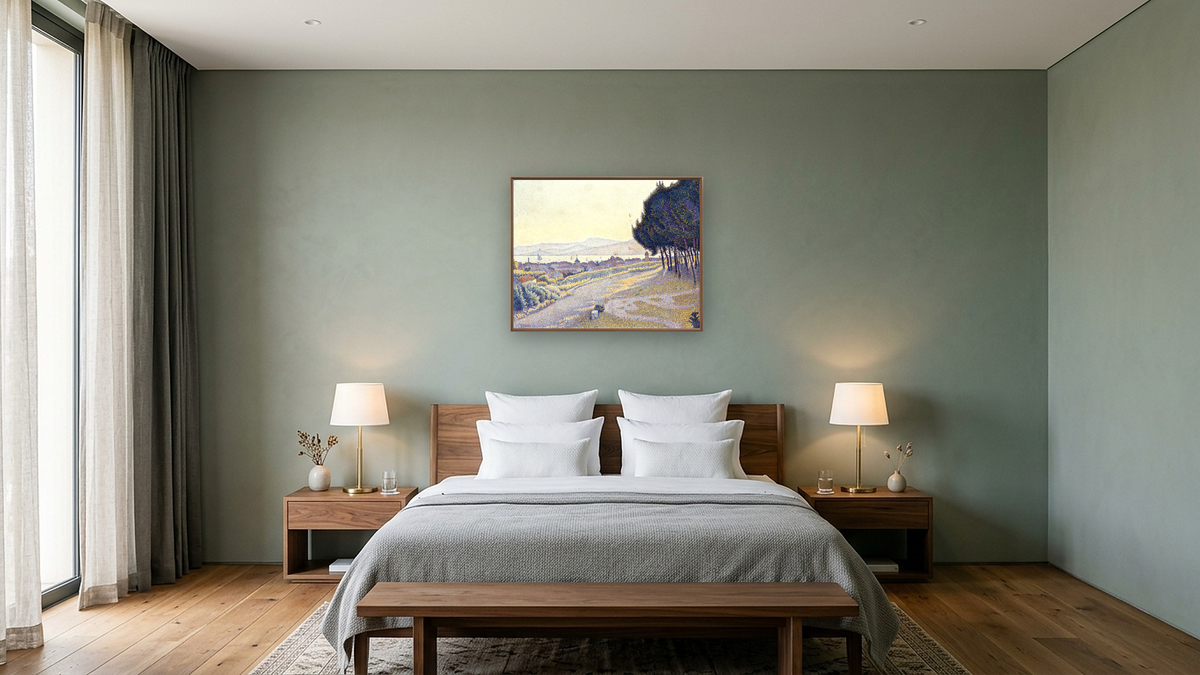 Pinewood, St. Tropez by Paul Signac, shown at 32 × 40 in (81.3 × 101.6 cm) on canvas in Arber Warm Walnut, hotel guest room