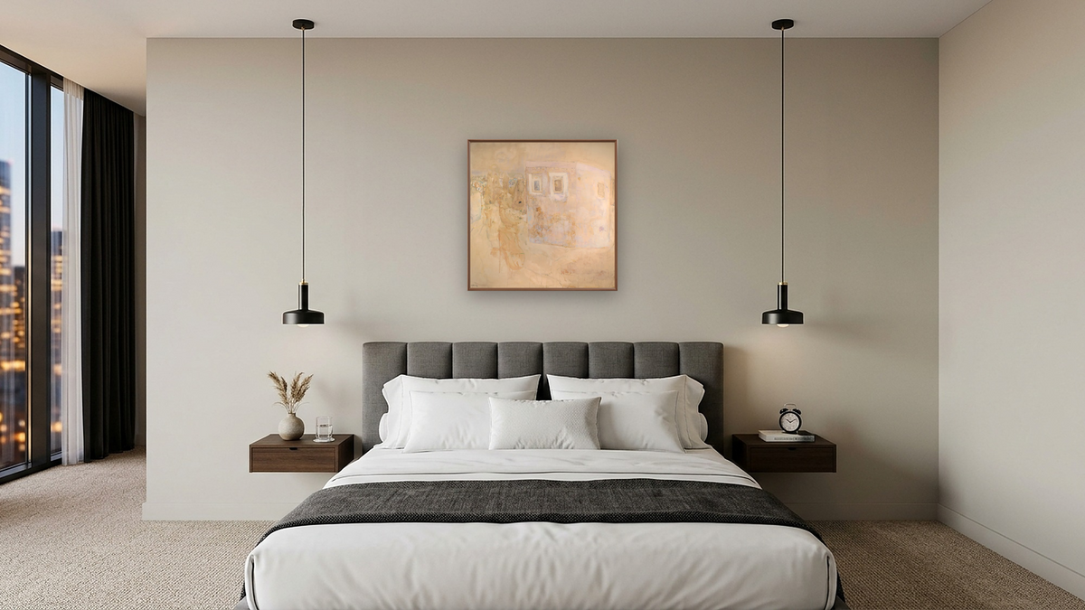 Paysage Cappadoce, shown at 32 × 32 in (81.3 × 81.3 cm) on canvas in Arber Warm Walnut, hotel guest room
