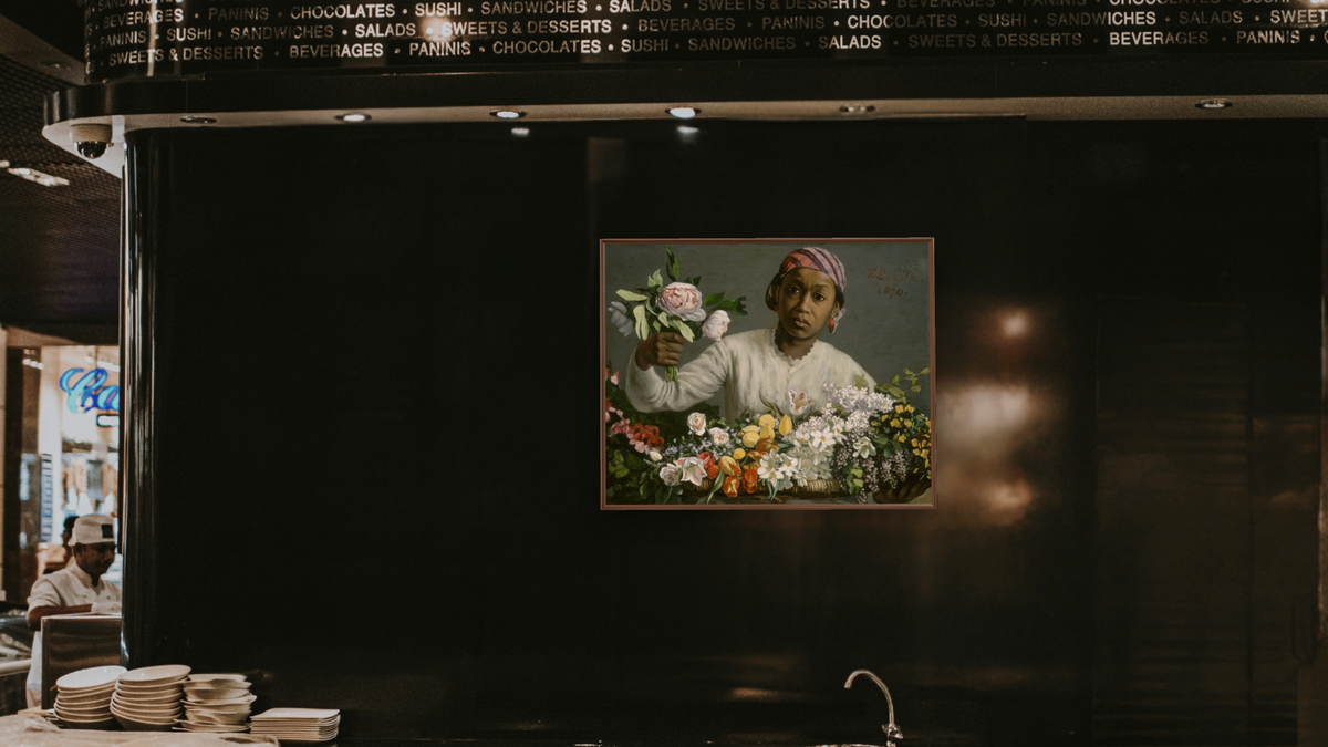 Young Woman with Peonies by Frederic Bazille, shown at 32 × 40 in (81.3 × 101.6 cm) on canvas in Arber Warm Walnut, restaurant