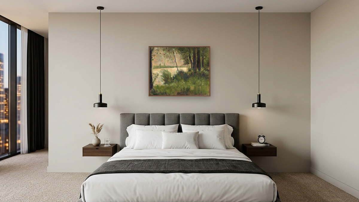 Grassy Riverbank by Georges Seurat, shown at 32 × 40 in (81.3 × 101.6 cm) on canvas in Arber Warm Walnut, hotel guest room