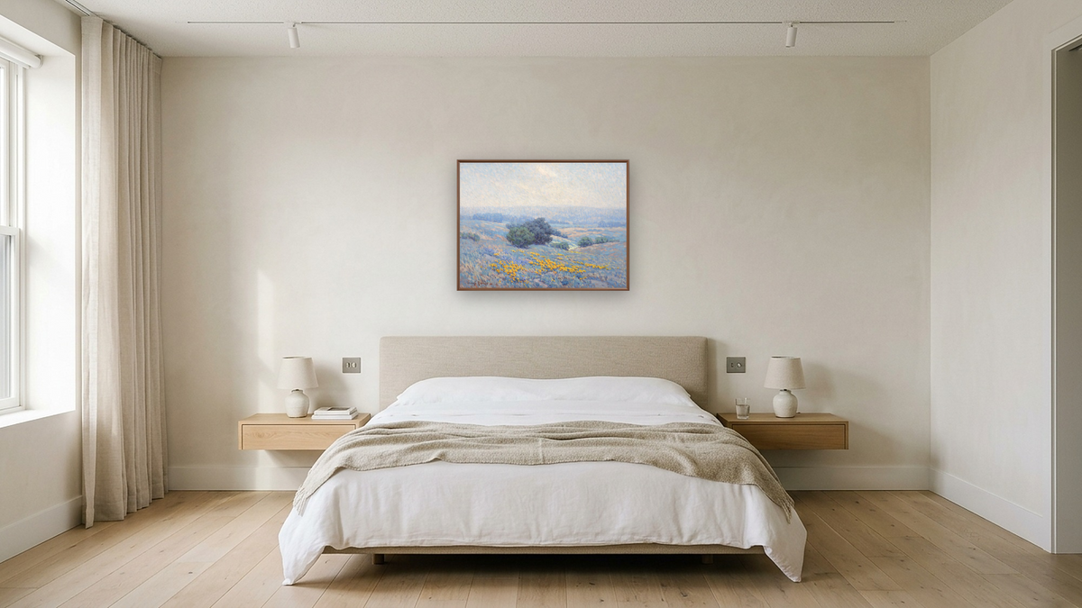 Wildflowers, Poppies, and Lupines by Granville Seymour Redmond, shown at 30 × 40 in (76.2 × 101.6 cm) on canvas in Arber Warm Walnut, hotel guest room