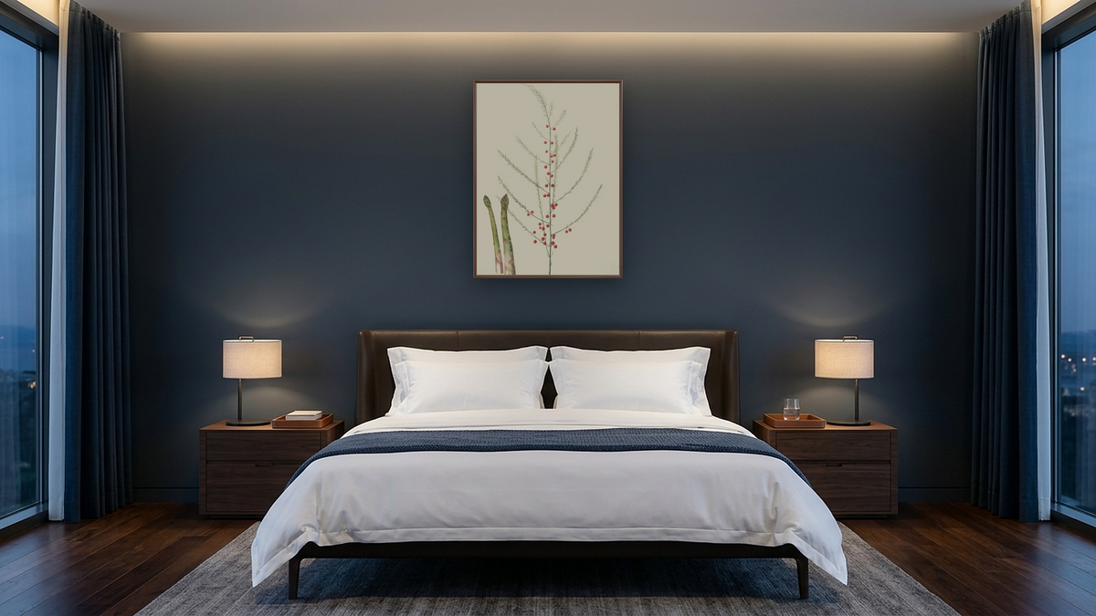 Asparagus officinalis by Johannes Simon Holtzbecher, shown at 30 × 40 in (76.2 × 101.6 cm) on canvas in Arber Warm Walnut, hotel guest room