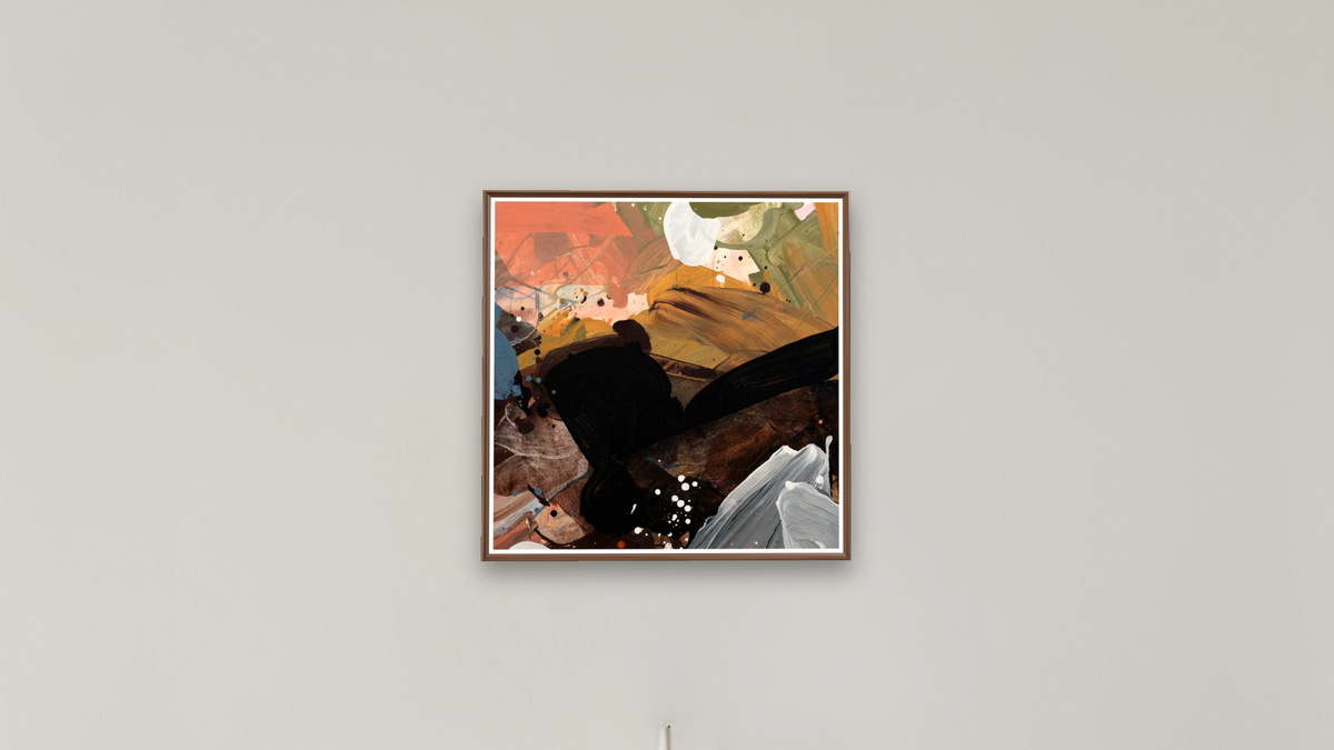 Snack 20 by Nino Yuniardi, shown at 32 × 32 in (81.3 × 81.3 cm) on canvas in Arber Warm Walnut, boardroom