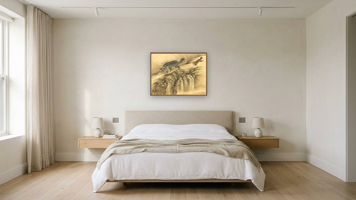 Album of Birds and Animals (Qilin) by Shen Nanpin, shown at 30 × 40 in (76.2 × 101.6 cm) on canvas in Arber Warm Walnut, hotel guest room