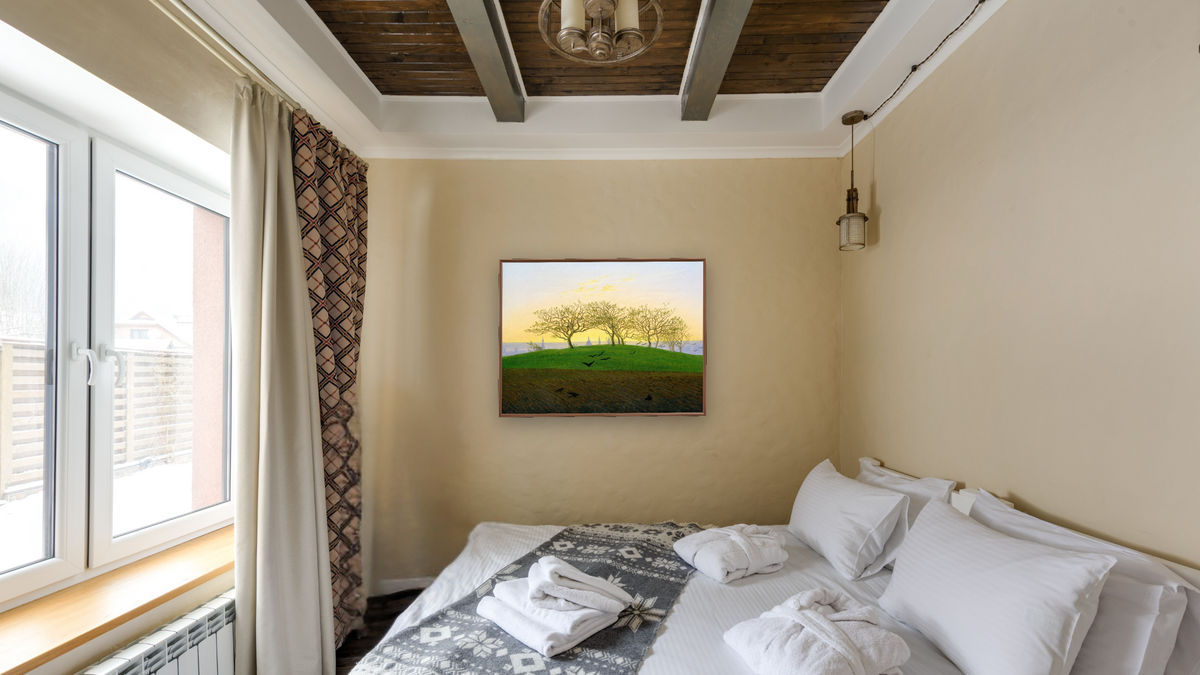 Hills and Ploughed Fields near Dresden by Caspar David Friedrich, shown at 30 × 40 in (76.2 × 101.6 cm) on canvas in Arber Warm Walnut, hotel guest room