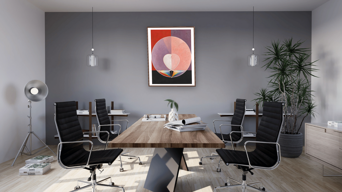 Group IX/UW, The Dove, no 2 by Hilma af Klint, shown at 32 × 40 in (81.3 × 101.6 cm) on canvas in Arber Warm Walnut, boardroom