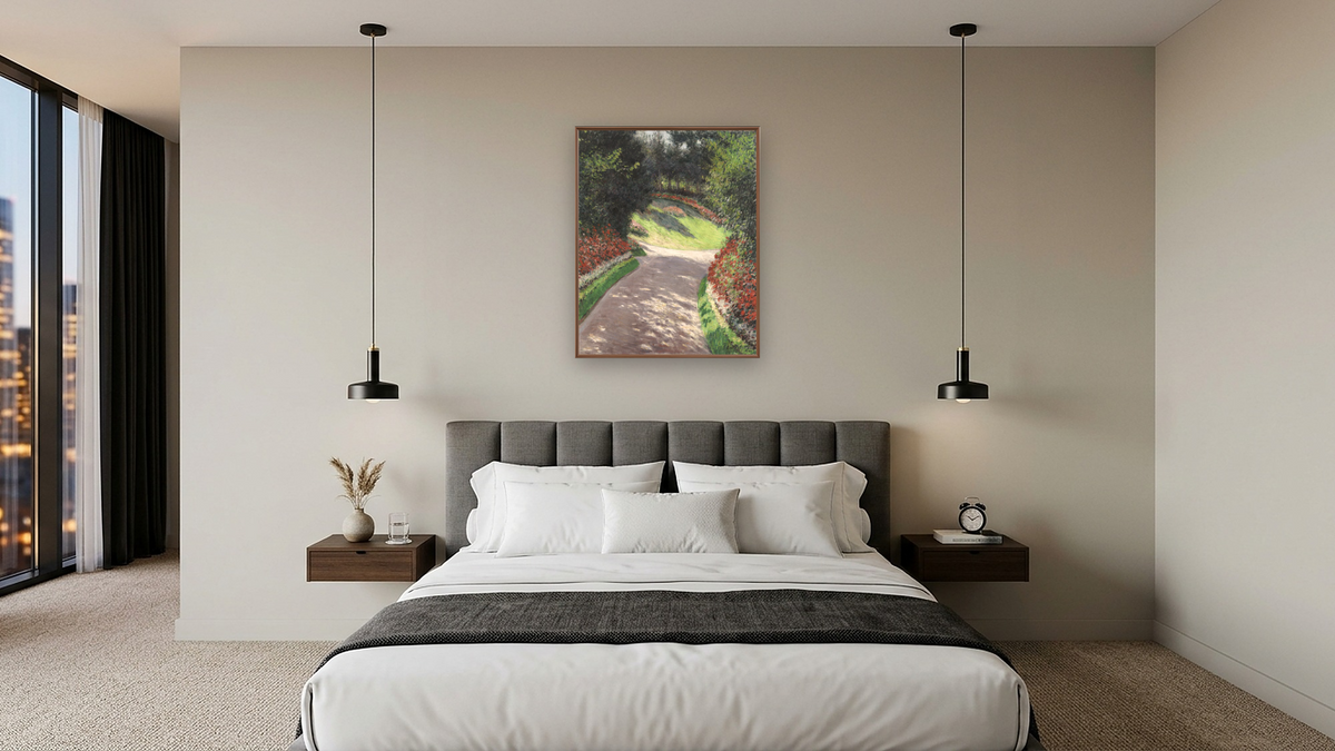 The Path in the Garden by Gustave Caillebotte, shown at 32 × 40 in (81.3 × 101.6 cm) on canvas in Arber Warm Walnut, hotel guest room