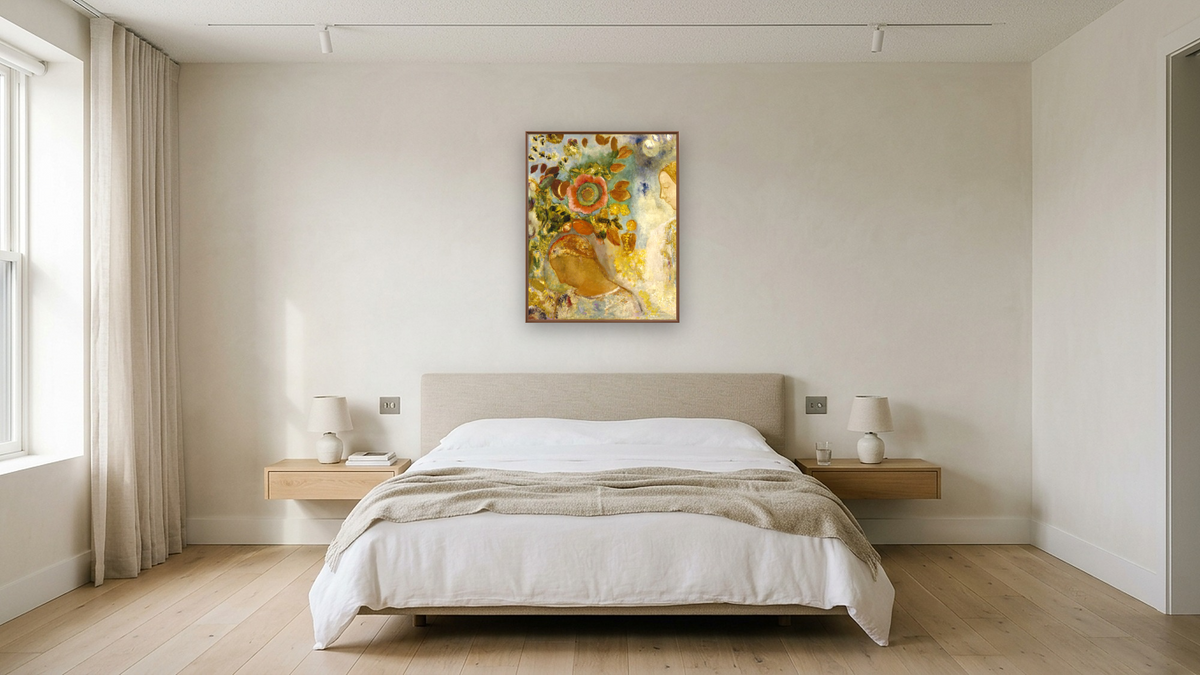 Two Young Girls among Flowers, 1912 by Odilon Redon, shown at 32 × 40 in (81.3 × 101.6 cm) on canvas in Arber Warm Walnut, hotel guest room