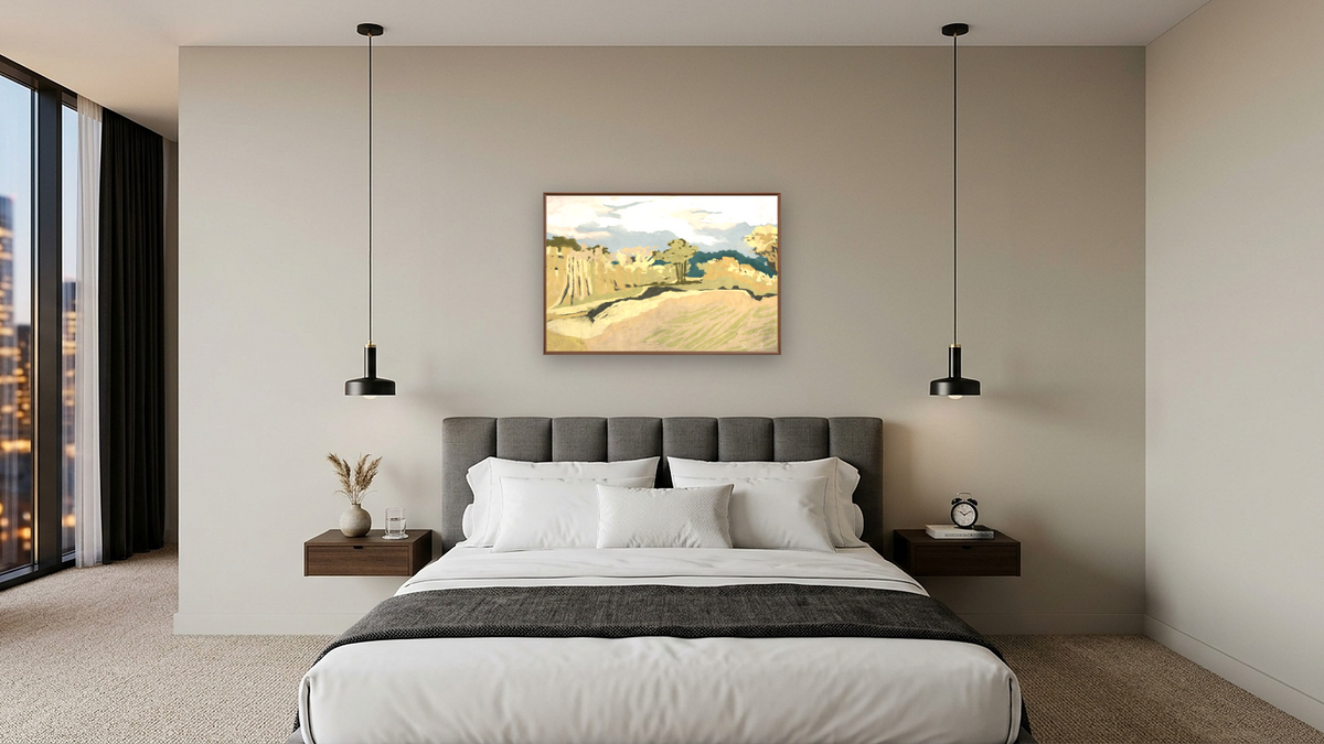 Cornwall Light by Dan Hobday, shown at 28 × 42 in (71.1 × 106.7 cm) on canvas in Arber Warm Walnut, hotel guest room