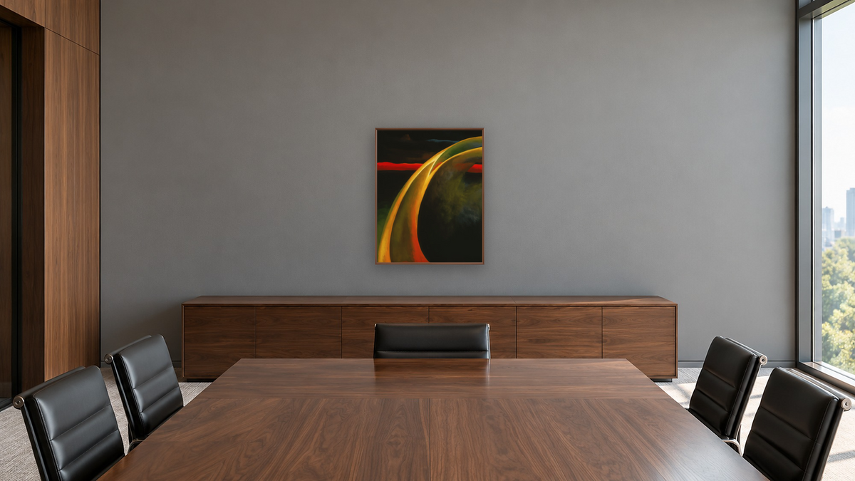 Red and Orange Streak by Georgia O'Keeffe, shown at 32 × 40 in (81.3 × 101.6 cm) on canvas in Arber Warm Walnut, boardroom