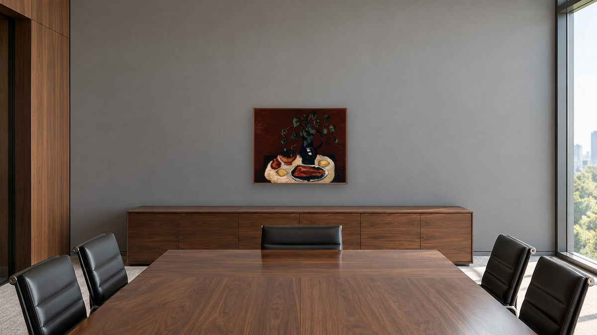 New England Still Life by Marsden Hartley, shown at 32 × 40 in (81.3 × 101.6 cm) on canvas in Arber Warm Walnut, boardroom