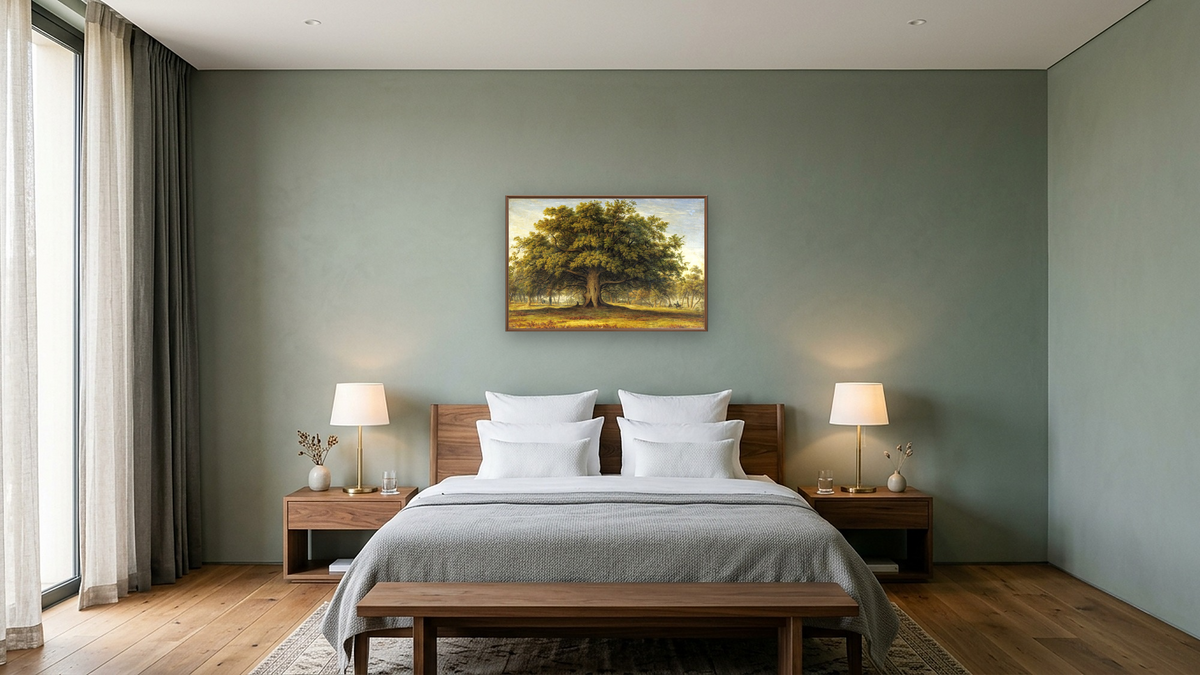 The Beggars Oak by John Glover, shown at 28 × 42 in (71.1 × 106.7 cm) on canvas in Arber Warm Walnut, hotel guest room