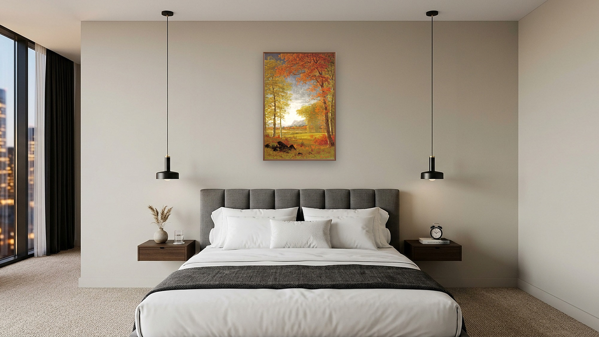 Autumn In America, Oneida County, New York by Albert Bierstadt, shown at 28 × 42 in (71.1 × 106.7 cm) on canvas in Arber Warm Walnut, hotel guest room