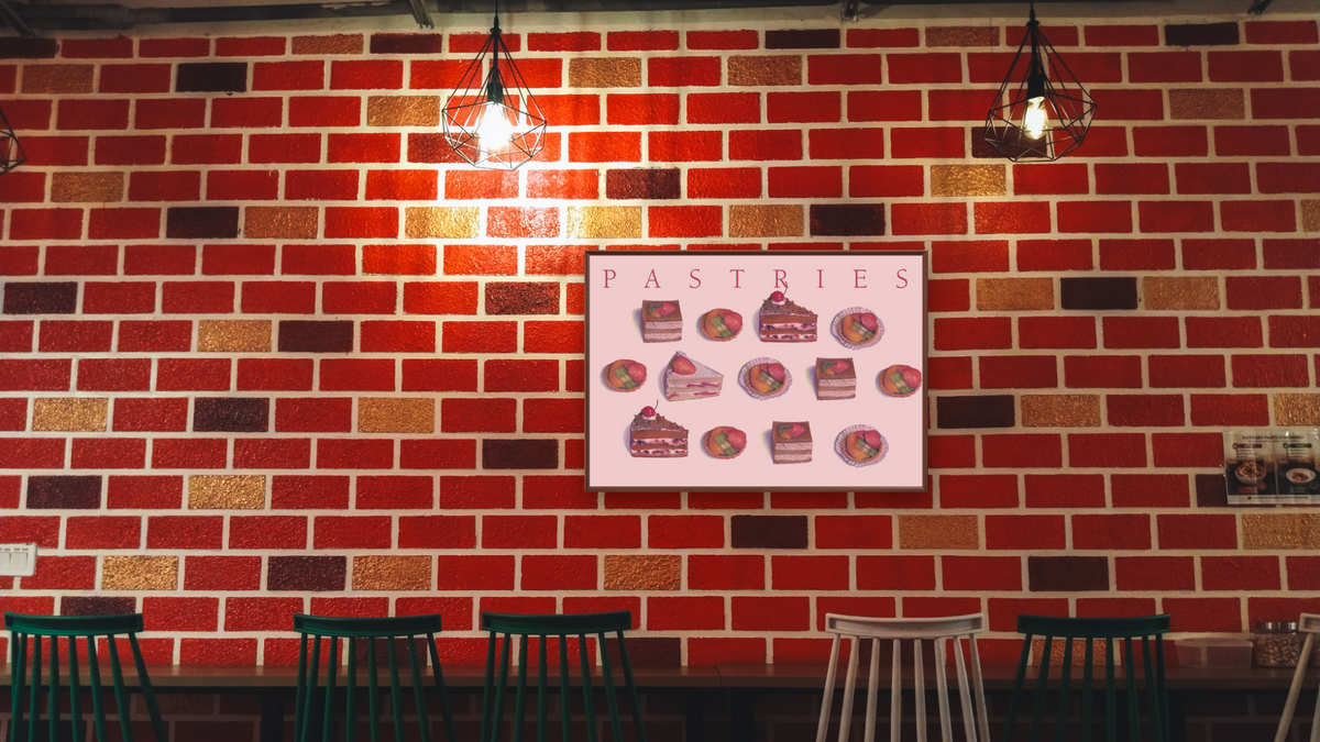 Pastries by Kirsten Söderlind, shown at 28 × 42 in (71.1 × 106.7 cm) on canvas in Arber Warm Walnut, restaurant