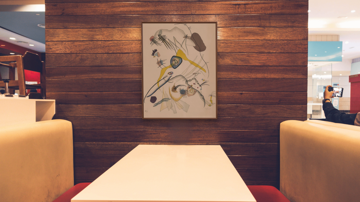 Abstract Composition by Wassily Kandinsky, shown at 30 × 40 in (76.2 × 101.6 cm) on canvas in Arber Warm Walnut, restaurant