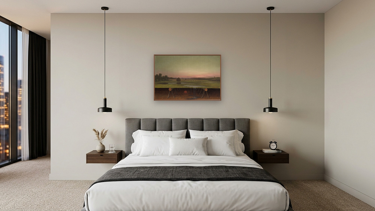 Gremlin in the Studio by Martin Johnson Heade, shown at 28 × 42 in (71.1 × 106.7 cm) on canvas in Arber Warm Walnut, hotel guest room