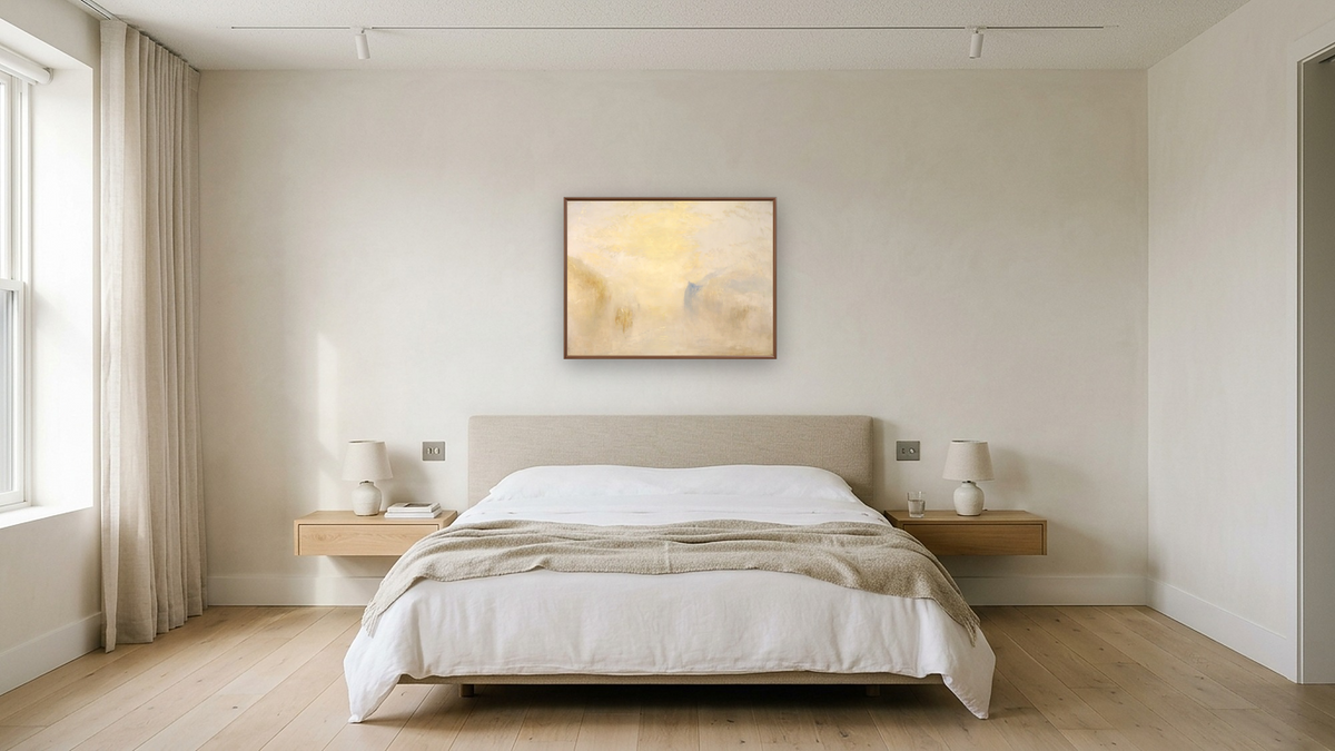 Sunrise, with a Boat between Headlands by Joseph Mallord William Turner, shown at 30 × 40 in (76.2 × 101.6 cm) on canvas in Arber Warm Walnut, hotel guest room