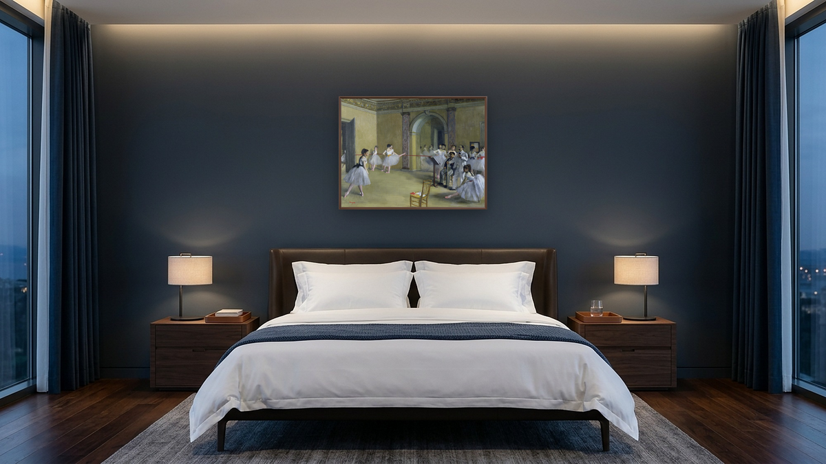 The Dance Foyer at the Opera on the rue Le Peletier by Edgar Degas, shown at 30 × 40 in (76.2 × 101.6 cm) on canvas in Arber Warm Walnut, hotel guest room
