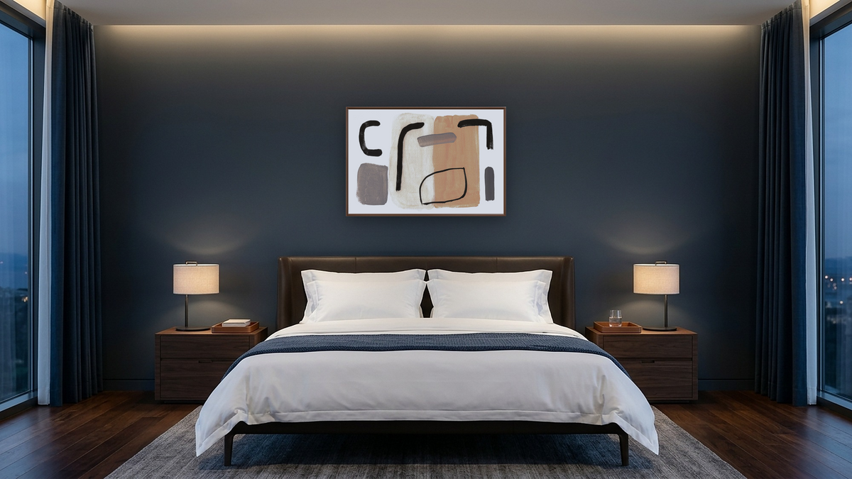 Amsterdam by Dan Hobday, shown at 28 × 42 in (71.1 × 106.7 cm) on canvas in Arber Warm Walnut, hotel guest room