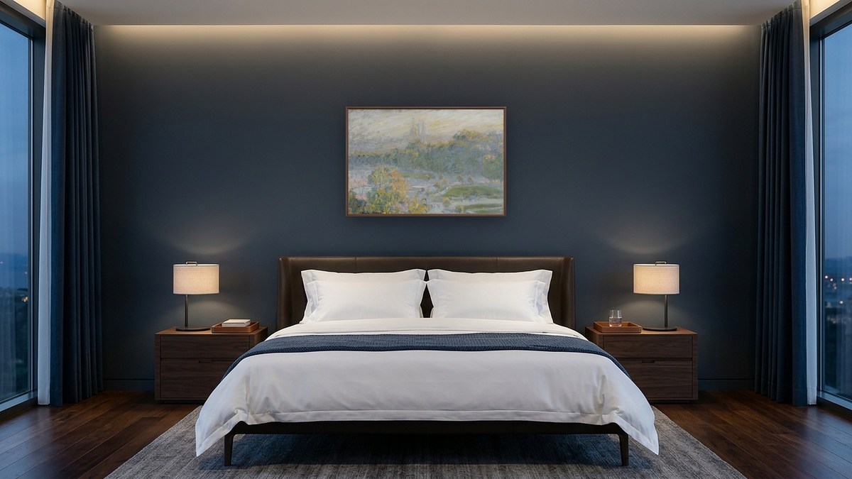 The Tuileries (study) by Claude Monet, shown at 28 × 42 in (71.1 × 106.7 cm) on canvas in Arber Warm Walnut, hotel guest room