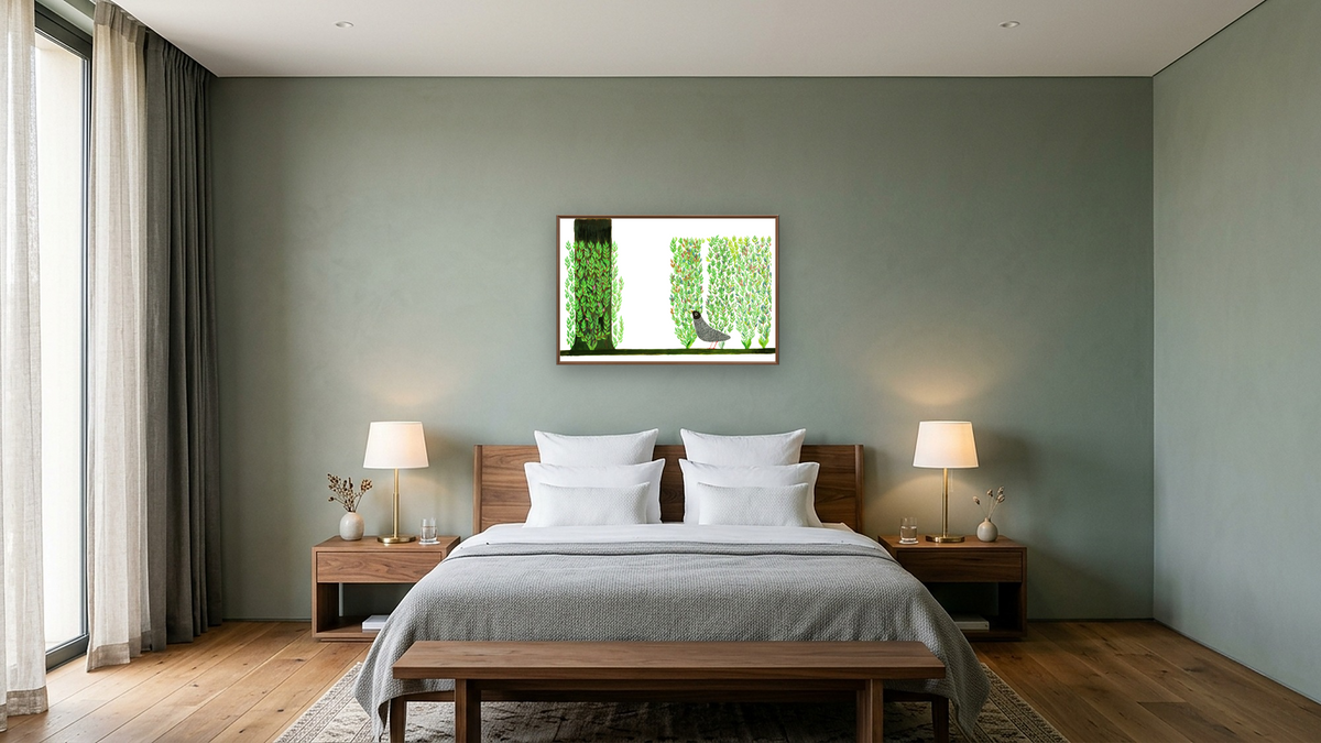 Tico and the Golden Wings by Leo Lionni, shown at 28 × 42 in (71.1 × 106.7 cm) on canvas in Arber Warm Walnut, hotel guest room