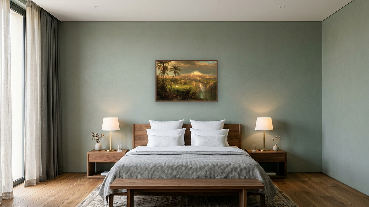Passing Shower in the Tropics by Frederic Edwin Church, shown at 28 × 42 in (71.1 × 106.7 cm) on canvas in Arber Warm Walnut, hotel guest room