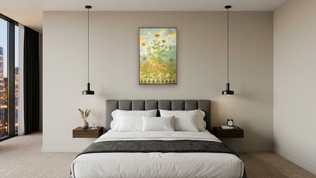 Sunflowers and Poppies by Paul Elie Ranson, shown at 28 × 42 in (71.1 × 106.7 cm) on canvas in Arber Warm Walnut, hotel guest room