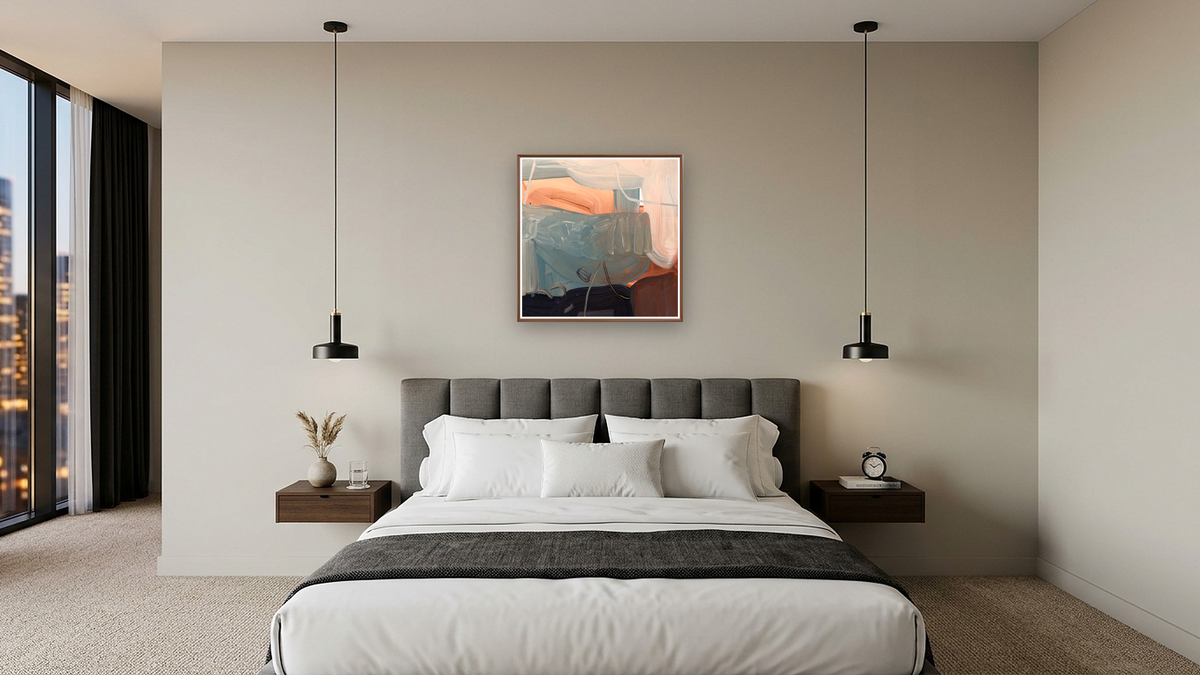 Snack 21 by Nino Yuniardi, shown at 32 × 32 in (81.3 × 81.3 cm) on canvas in Arber Warm Walnut, hotel guest room