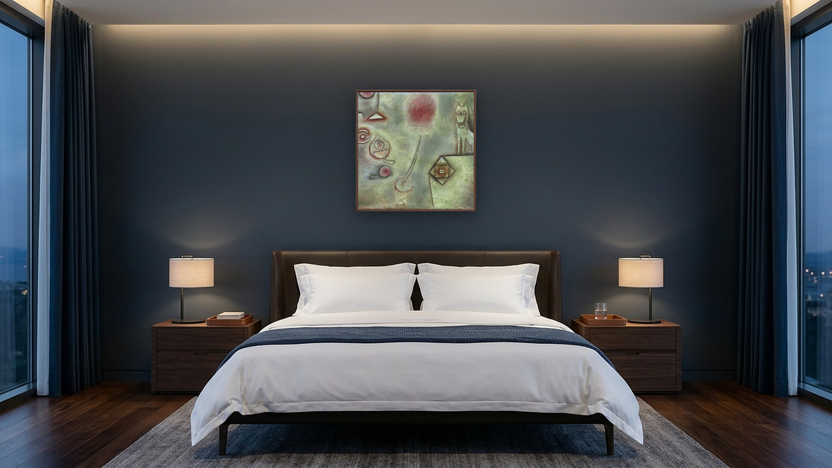 Still Life with Animal Statuette by Paul Klee, shown at 32 × 32 in (81.3 × 81.3 cm) on canvas in Arber Warm Walnut, hotel guest room