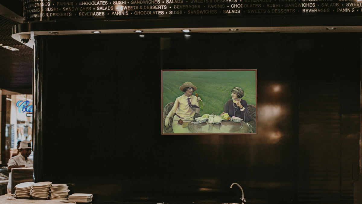 Carrot Ladies by Kirsten Söderlind, shown at 28 × 42 in (71.1 × 106.7 cm) on canvas in Arber Warm Walnut, restaurant
