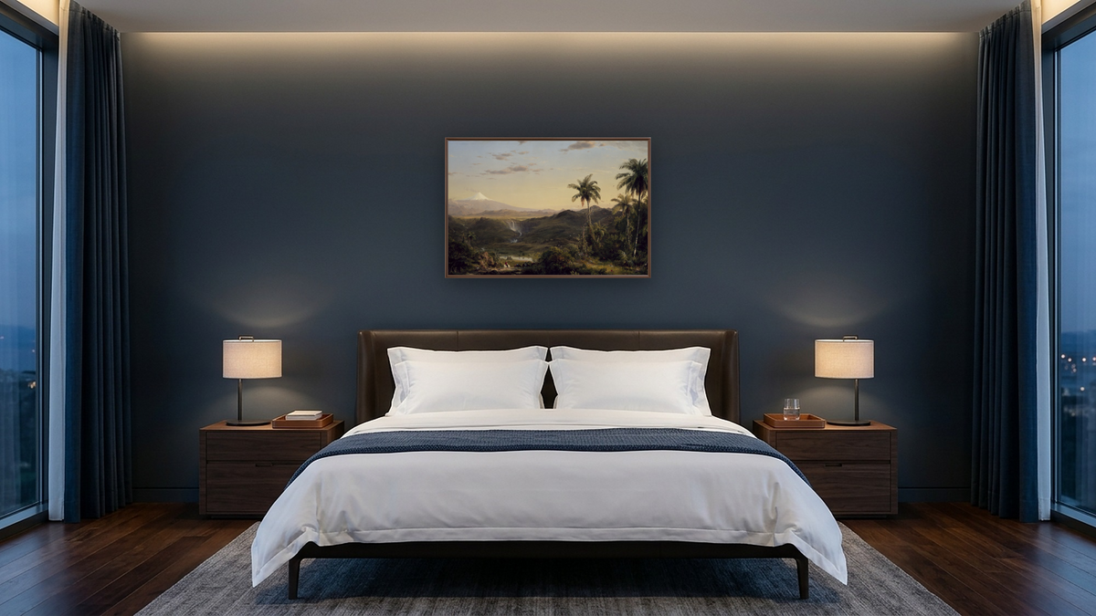 Cotopaxi by Frederic Edwin Church, shown at 28 × 42 in (71.1 × 106.7 cm) on canvas in Arber Warm Walnut, hotel guest room
